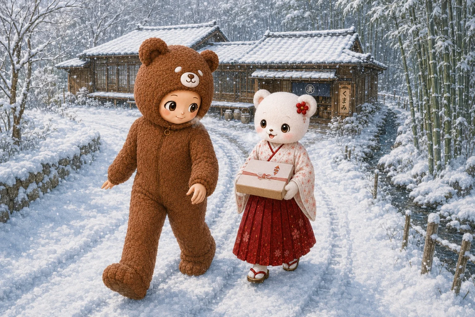 雪の積もった家を背に、包みを持って並んで歩くふたり。