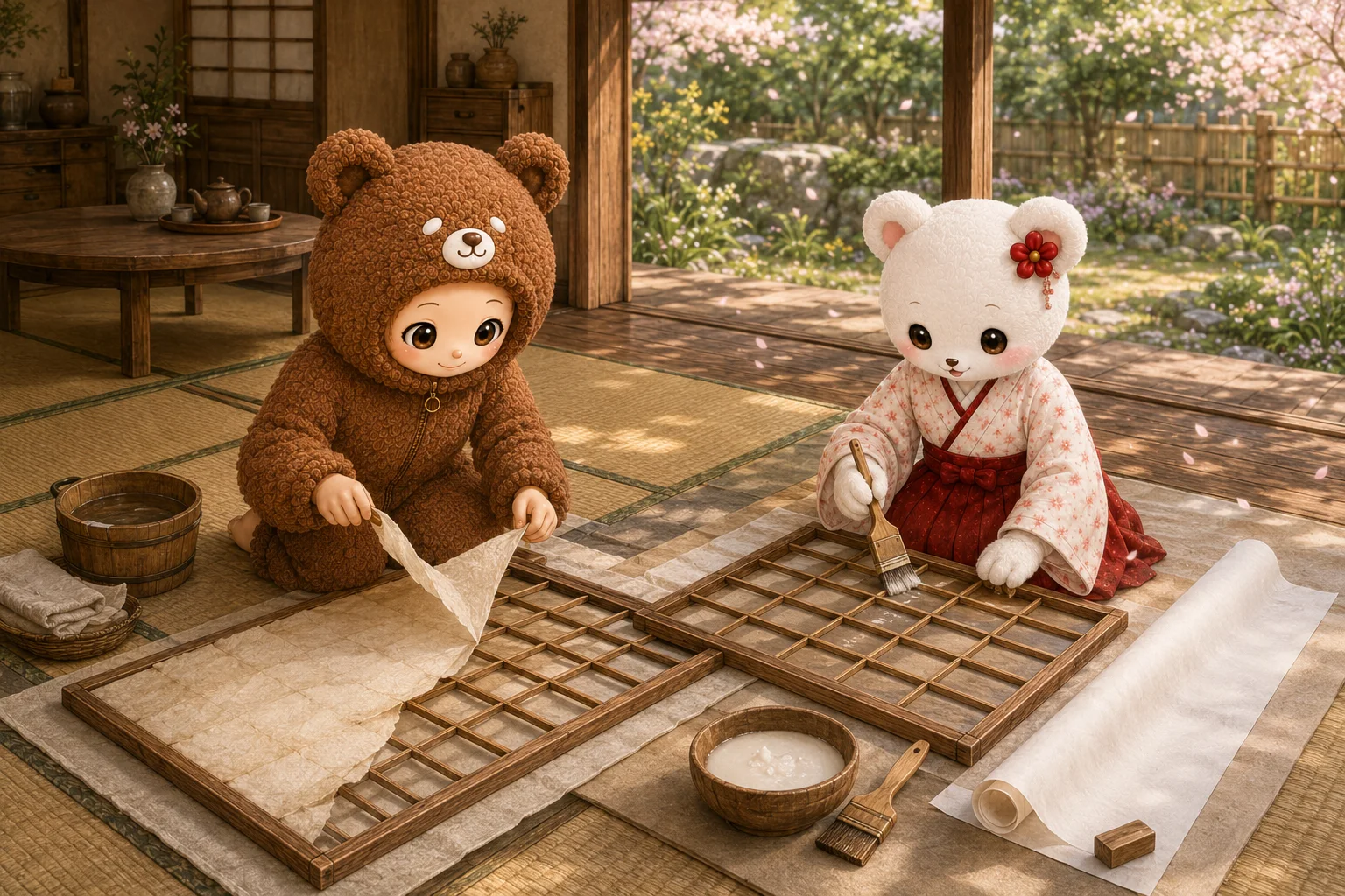 庭に面した畳の部屋で、ふたりが紙と刷毛を手に障子を張り替えている。