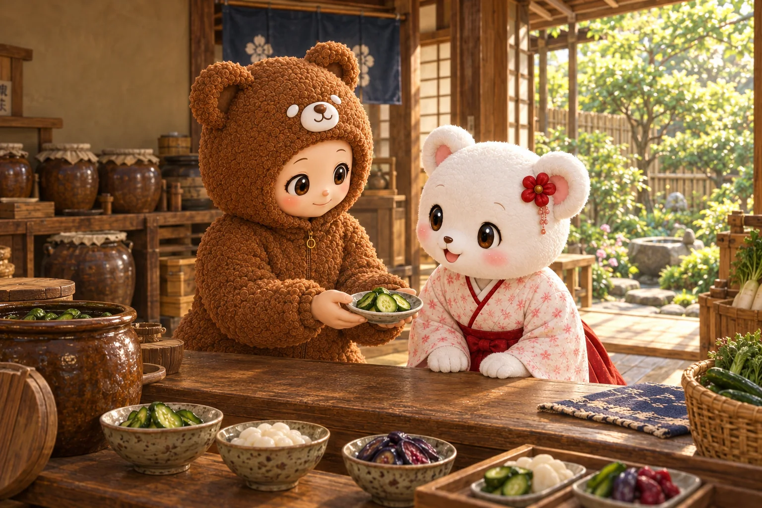 漬物屋の店先で、小皿を差し出す茶色いクマの着ぐるみの人と、うれしそうにのぞく白いクマの子。
