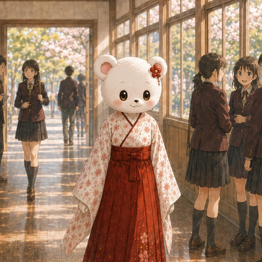 左耳に赤い花飾りを付けた白いくまの女の子・みるく