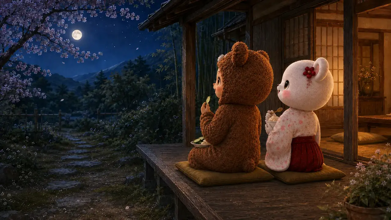 Kumami and Miruku looking up at the moon from the veranda